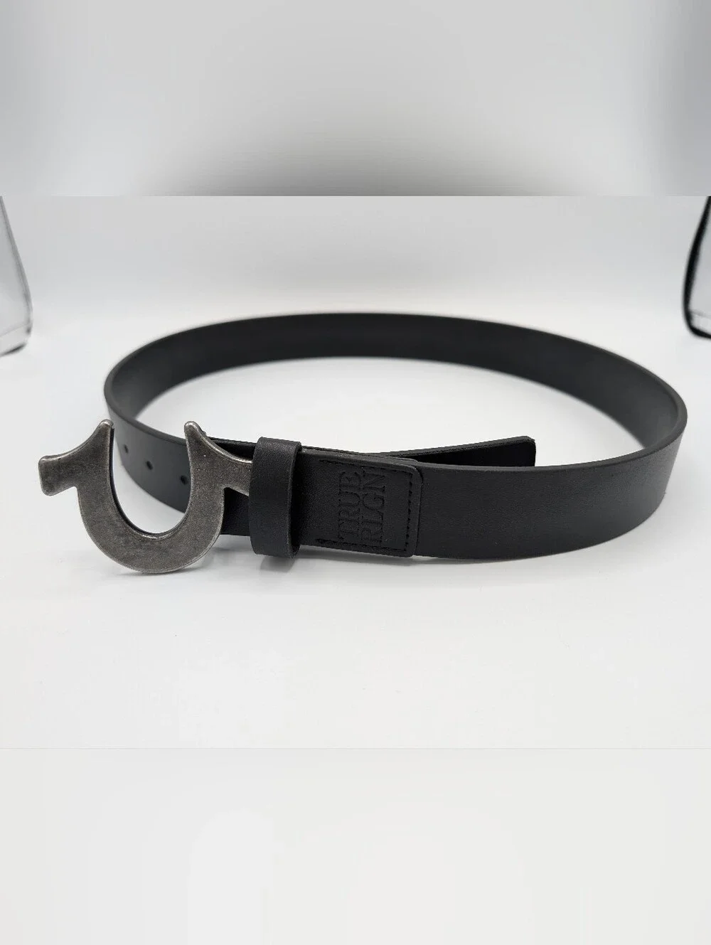 True Religion Belt 36 Black Faux Leather  with Silver Horseshoe Buckle Casual